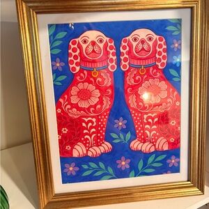 Pink Staffordshire Dog Art 8x10 Gold Frame Chinoiserie Wall Art